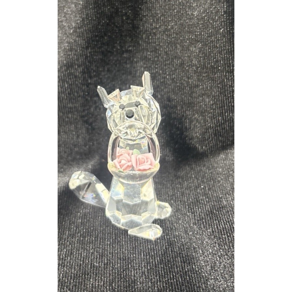 Vintage Iris Arc Crystal Dog With Pink Flowers & Basket
